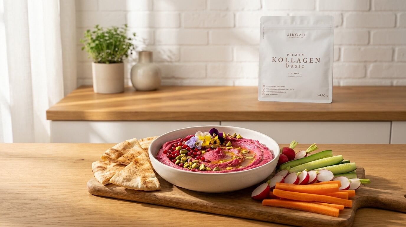 Pinker Rote-Bete-Hummus mit Olivenöl und Sesam garniert in einer modernen Keramikschale
