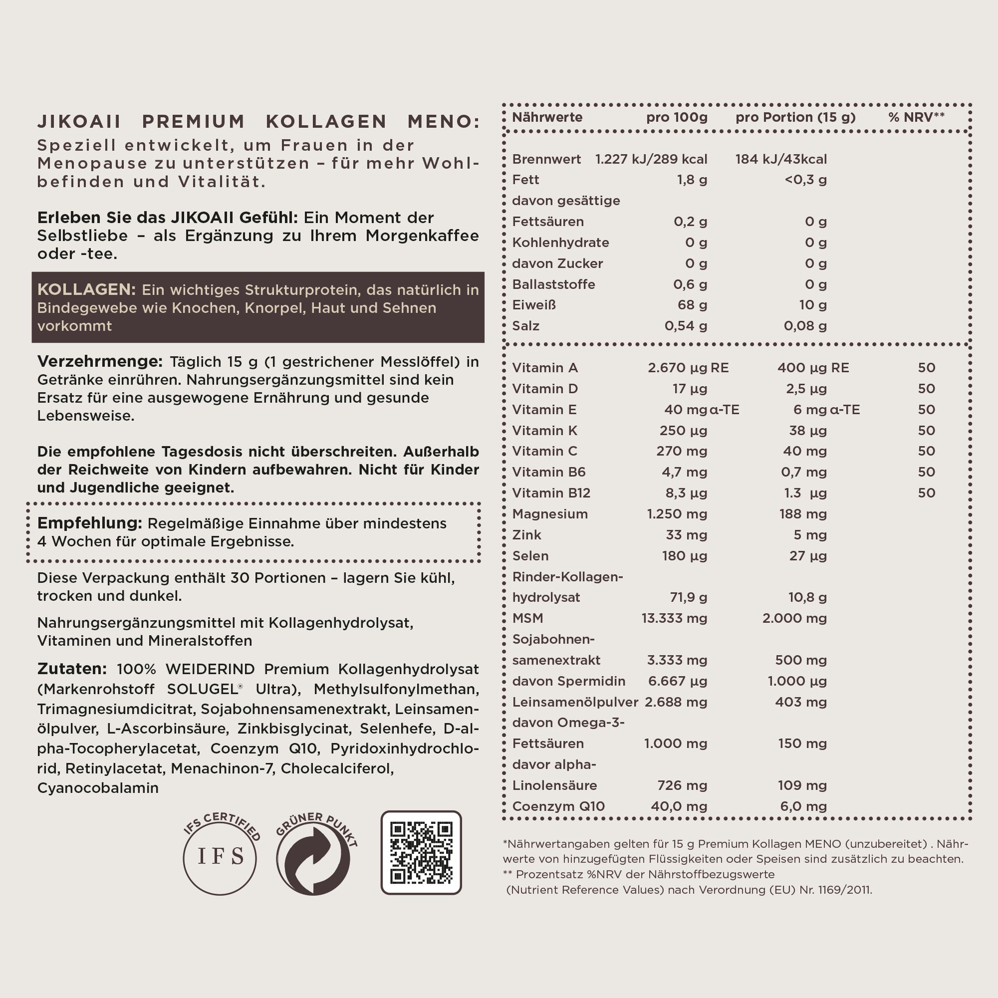 PREMIUM Kollagenhydrolysat MENO + Q10 und weiteren Vitaminen | JIKOAII®