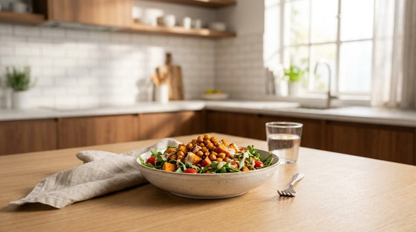 Süßkartoffel-Kichererbsen-Salat auf einem rustikalen Teller serviert mit grünem Spinat
