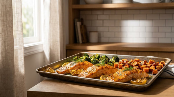 Lachs vom Blech mit Brokkoli und Süßkartoffelwürfeln