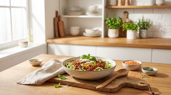 Würzige rote Linsen-Bolognese auf frischen Zucchini-Nudeln drapiert