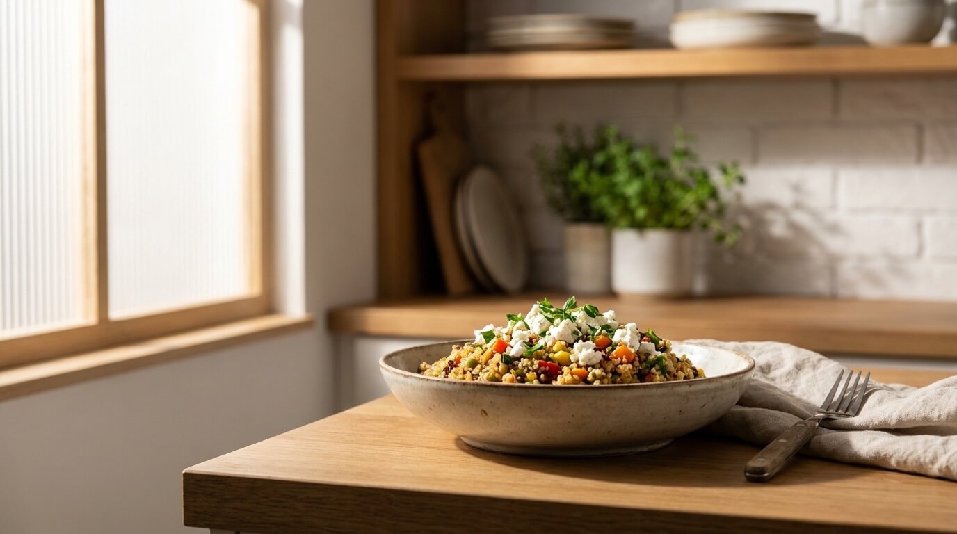Bunte Quinoa-Gemüse-Pfanne mit Feta-Stückchen und Kräutern garniert