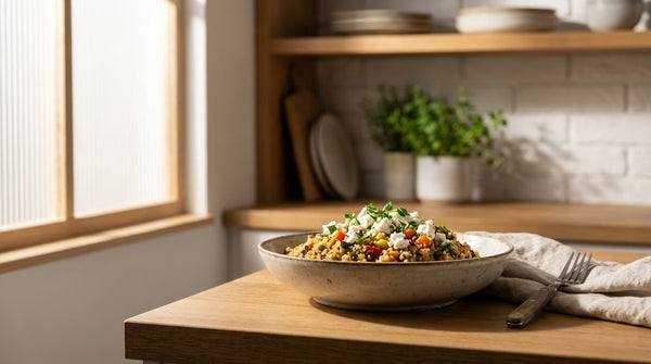 Bunte Quinoa-Gemüse-Pfanne mit Feta-Stückchen und Kräutern garniert